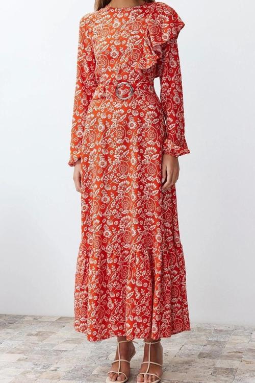 Moda Regular Casual Günlük Maroken Dokuma Bisiklet Yaka Uzun Kol A-Line Maxi Boy Tesettür Elbise