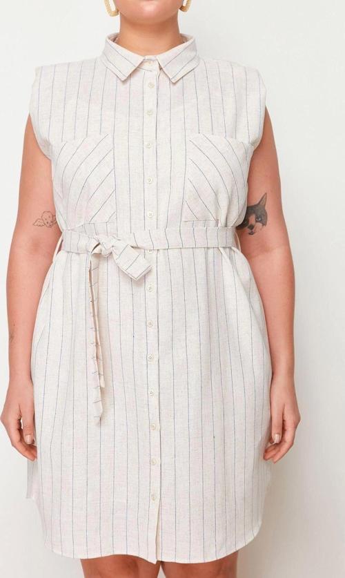 Moda Fit Casual Günlük KetenDokuma Gömlek Yaka Kolsuz Kol Gömlek Elbise Midi Boy Büyük Beden Elbise