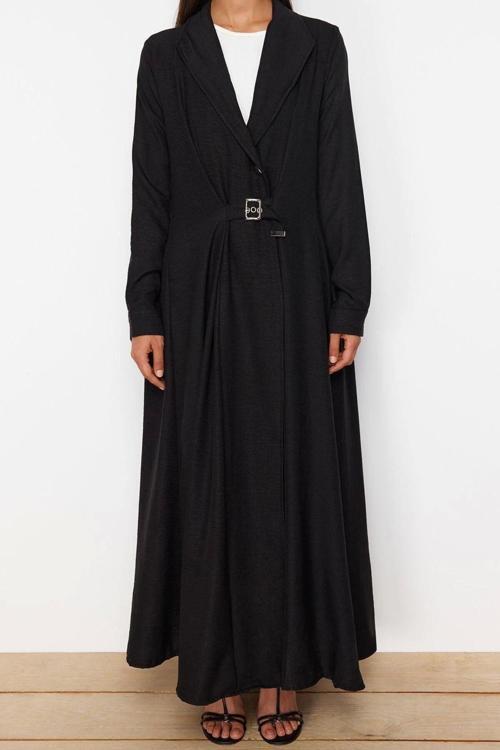 Moda Regular Günlük Keten Görünümlü Dokuma Ceket Yaka Uzun Kol A-Line Maxi Boy Tesettür Elbise