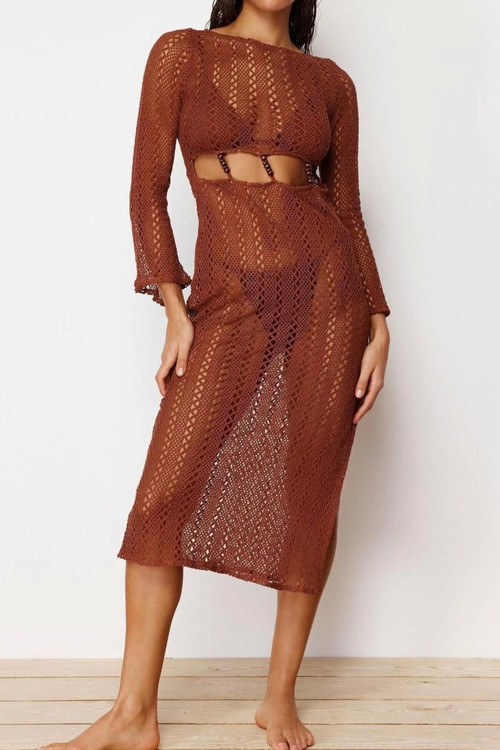 Moda Fit Plaj Günlük Triko Görünümlü Örme Bisiklet Yaka Uzun Kol Basic Maxi Boy Elbise