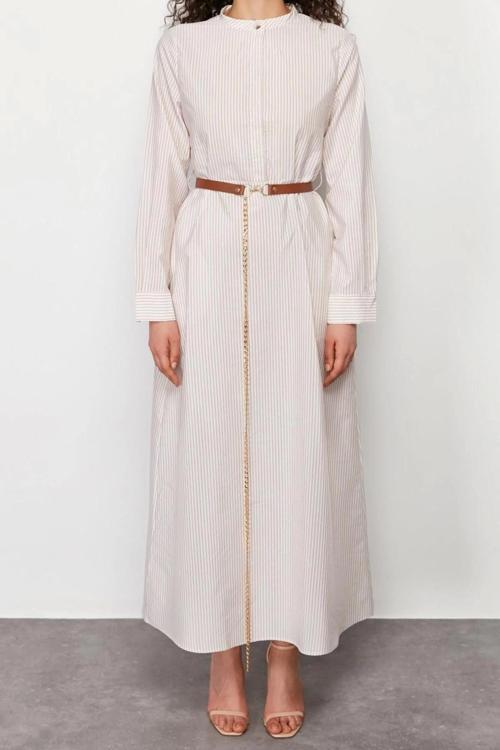 Moda Regular Casual Günlük Terrycotton Dokuma Hakim Yaka Uzun Kol A-Line Maxi Boy Tesettür Elbise