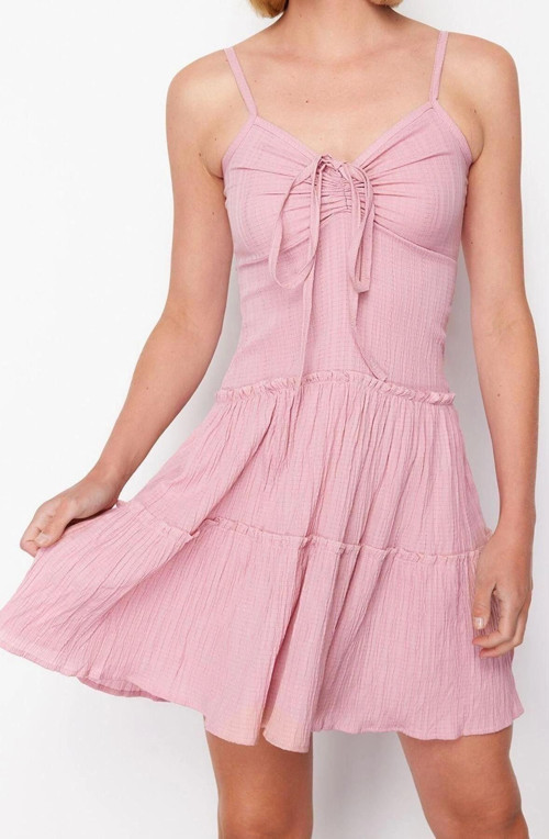 Moda Rahat Casual Günlük Bürümcük Örme Kare Yaka Askılı Kol A-Line Maxi Boy Elbise