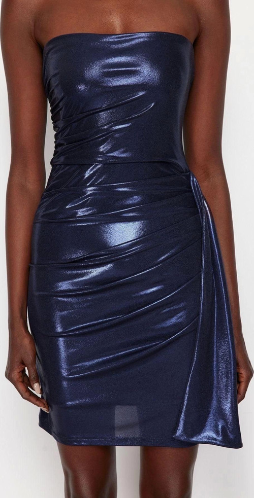 Moda Fit Mezuniyet Balo Metalik Kumaş Örme Straplez Kolsuz Kol Bodycone Mini Boy Elbise
