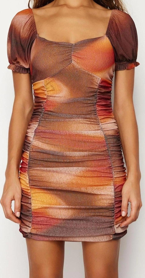 Moda Slim Casual Günlük Köpük Kumaş Örme Kalp Yaka Kısa Kol Bodycone Midi Boy Elbise