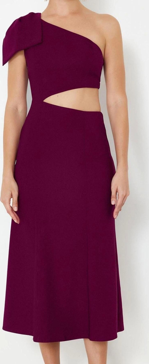 Moda Fit Mezuniyet Balo Finike Dokuma Asimetrik Yaka Kolsuz Kol Bodycone Midi Boy Elbise