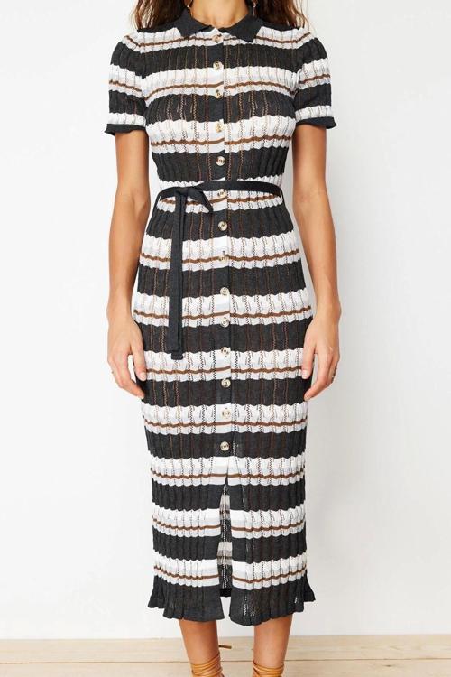 Moda Regular Casual Günlük Tek Plaka Triko Polo Yaka Kısa Kol Shift Maxi Boy Elbise