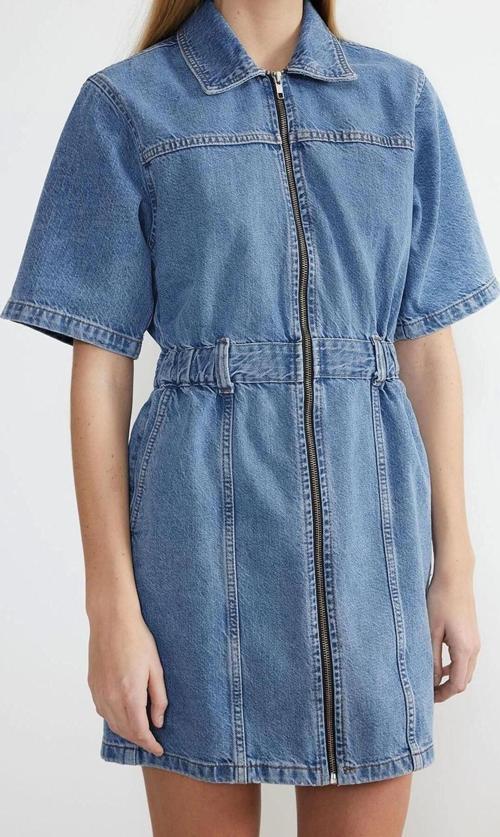 Moda Fit Casual Günlük Bürümcük Denim Dik Yaka Uzun Kol Basic Mini Boy Elbise