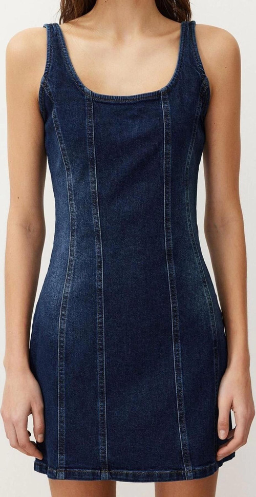 Moda Fit Casual Günlük Comfort Denim Bisiklet Yaka Kolsuz Kol Basic Midi Boy Elbise