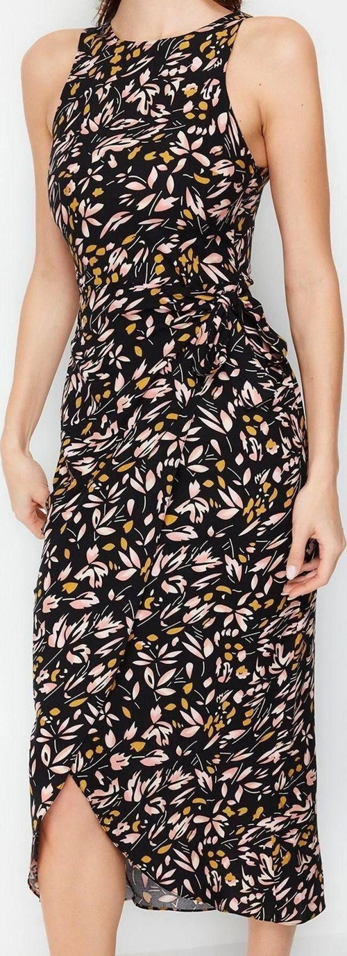 Moda Regular Casual Günlük Shally Dokuma Bisiklet Yaka Kolsuz Kol A-Line Midi Boy Elbise