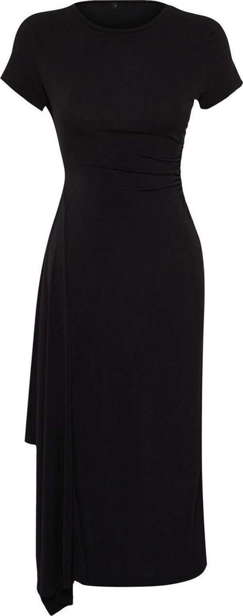 Moda Regular Casual Günlük Kalın Sandy Örme Bisiklet Yaka Kısa Kol Asimetrik Midi Boy Elbise