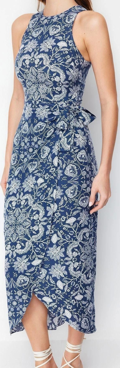 Moda Regular Casual Günlük Shally Dokuma Bisiklet Yaka Kolsuz Kol A-Line Midi Boy Elbise