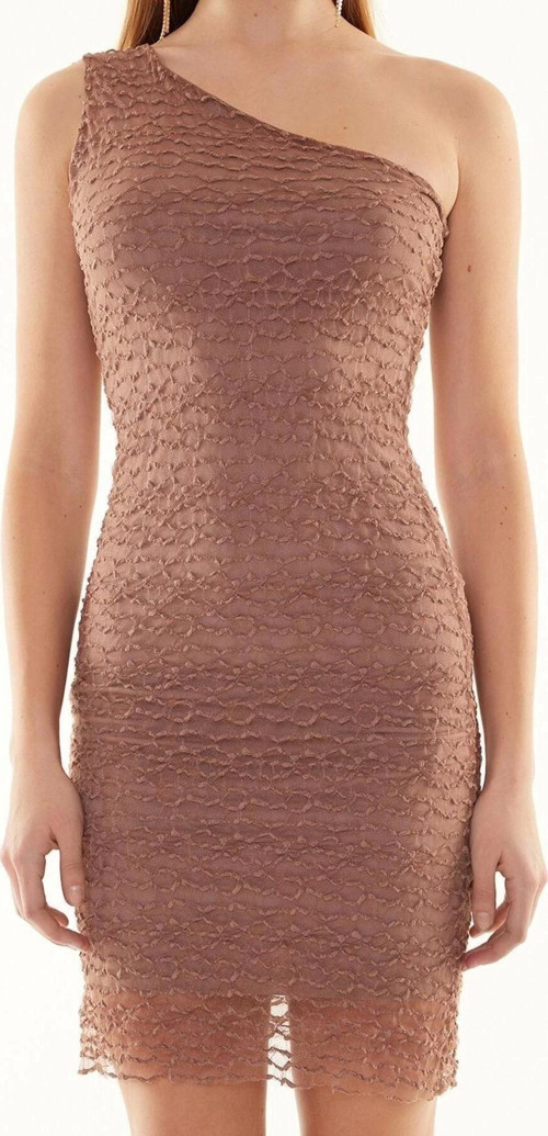 Moda Slim Gündüz Gece Dokulu Tül Kumaş Örme Asimetrik Yaka Kolsuz Kol Bodycone Midi Boy Elbise