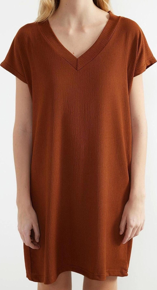 Moda Regular Casual Günlük Bürümcük Örme V Yaka Kısa Kol Shift Mini Boy Elbise