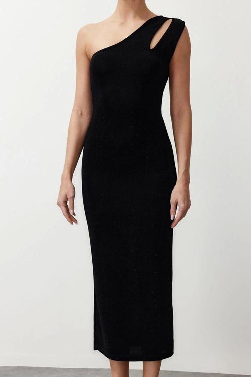 Moda Slim Gündüz Gece Dokulu Tül Kumaş Örme Asimetrik Yaka Kolsuz Kol Bodycone Midi Boy Elbise