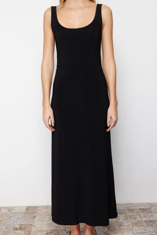 Moda Slim Casual Günlük Kalın Sandy Örme Havuz Yaka Kolsuz Kol A-Line Maxi Boy Elbise