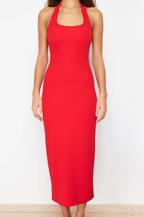 Moda Slim Günlük Polyester Kaşkorse Örme Boyundan Bağlamalı Kolsuz Kol Bodycone Maxi Boy Elbise