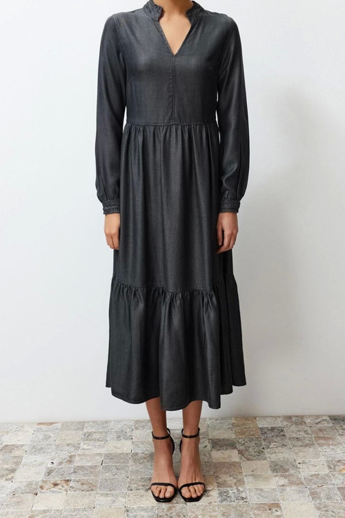 Moda Oversize Casual Günlük Rigid Denim Hakim Yaka Uzun Kol Basic Maxi Boy Elbise