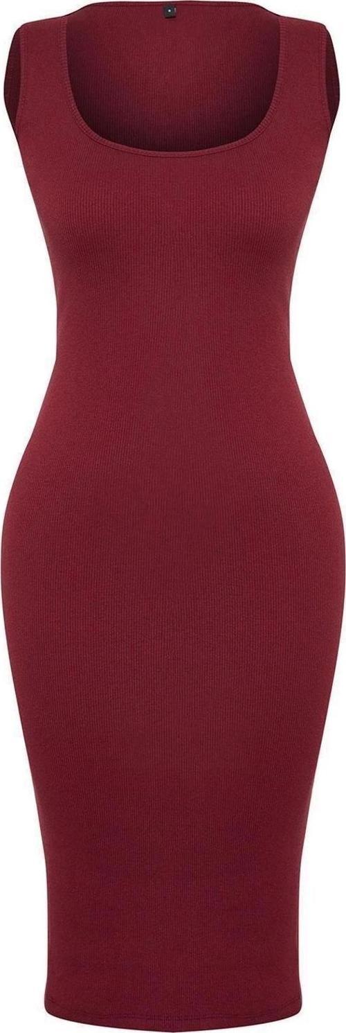 Moda Slim Casual Günlük Rejenere Kaşkorse Örme Havuz Yaka Kolsuz Kol Bodycone Midi Boy Elbise