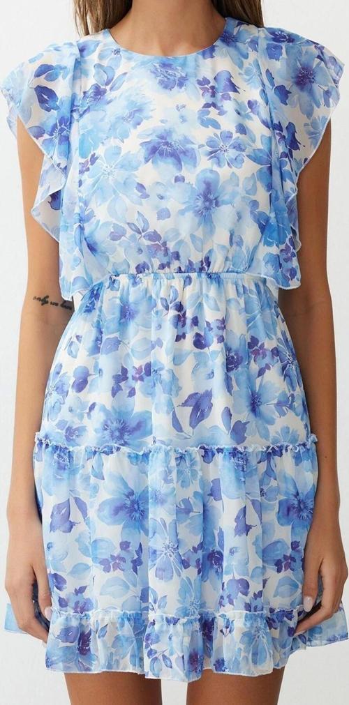 Moda Regular Gündüz Gece Şifon Dokuma Bisiklet Yaka Kısa Kol Skater Mini Boy Elbise