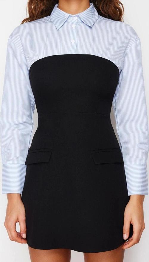 Moda Slim Gündüz Gece Finike Dokuma Gömlek Yaka Uzun Kol Bodycone Mini Boy Elbise