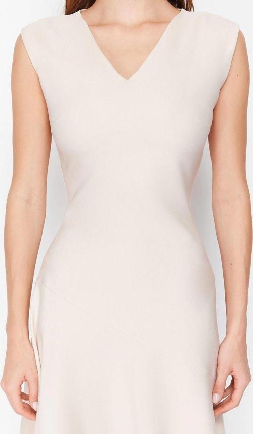 Moda Regular Business Finike Dokuma V Yaka Kolsuz Kol A-Line Midi Boy Elbise