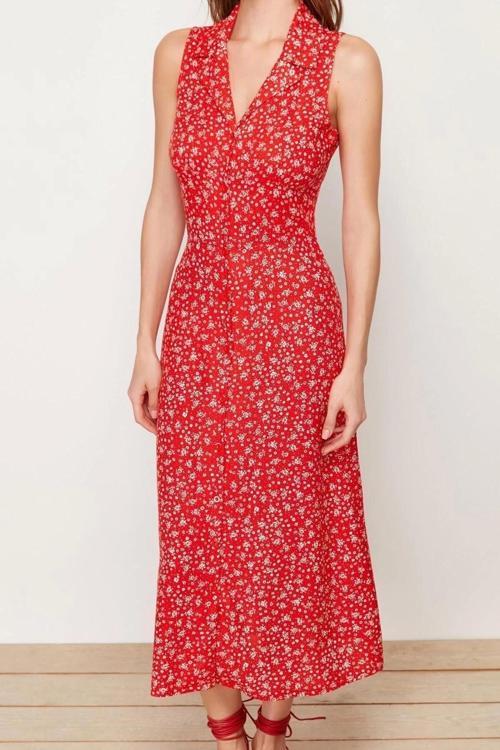 Moda Regular Casual Günlük Shally Dokuma Gömlek Yaka Kolsuz Kol Gömlek Elbise Midi Boy Elbise