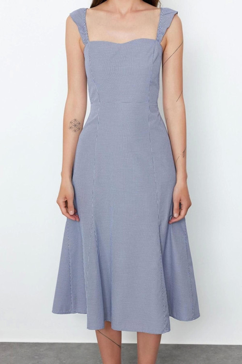 Moda Regular Casual Günlük İpliği Boyalı Dokuma Kare Yaka Askılı Kol A-Line Midi Boy Elbise