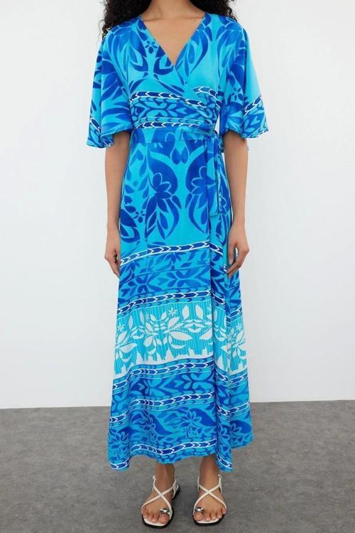 Moda Regular Casual Günlük Shally Dokuma Kruvaze Kısa Kol A-Line Maxi Boy Elbise