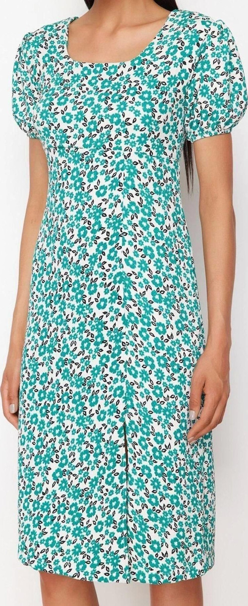 Moda Regular Casual Günlük Bürümcük Örme Kare Yaka Kısa Kol A-Line Midi Boy Elbise