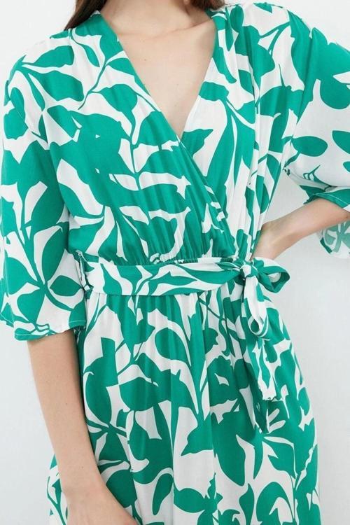 Moda Regular Casual Günlük Shally Dokuma Kruvaze Truvakar Kol Kol A-Line Midi Boy Elbise