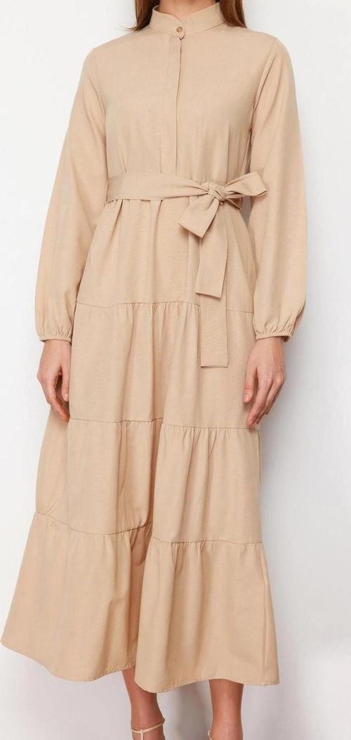 Moda Rahat Casual Günlük Terrycotton Dokuma Dik Yaka Uzun Kol Basic Maxi Boy Tesettür Elbise