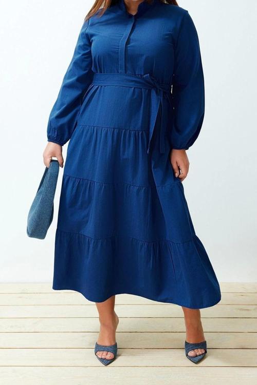 Moda Rahat Casual Günlük Terrycotton Dokuma Dik Yaka Uzun Kol Basic Maxi Boy Tesettür Elbise