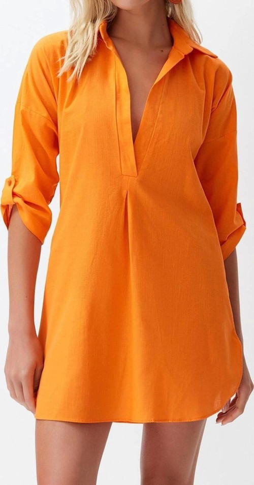 Moda Uzun Kollu V Yaka Mini Elbise Mavi Mini Dokuma %100 Pamuklu Plaj Elbisesi