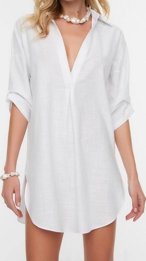 Moda Uzun Kollu V Yaka Mini Elbise Mavi Mini Dokuma %100 Pamuklu Plaj Elbisesi