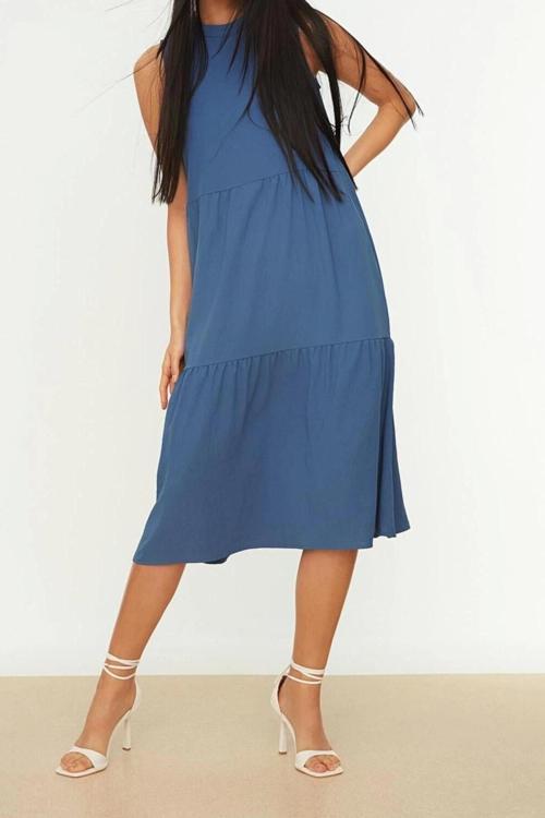 Moda Kolsuz Dik Yaka Midi Elbise Açık Mavi Shift Düz Kesim Dik Yaka Midi Dokuma Elbise