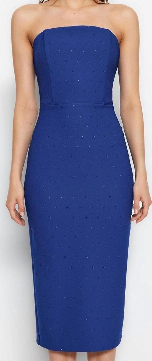 Kolsuz Straplez Midi Elbise Kahverengi Vücuda Oturan Astarlı Dokuma Parlak Taşlı Şık Abiye Elbise