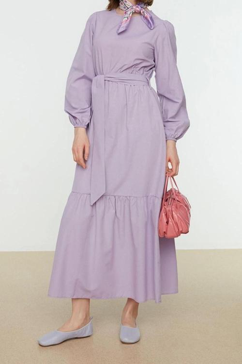 Moda Regular Casual Günlük Terrycotton Dokuma Bisiklet Yaka Uzun Kol Skater Maxi Boy Tesettür Elbise