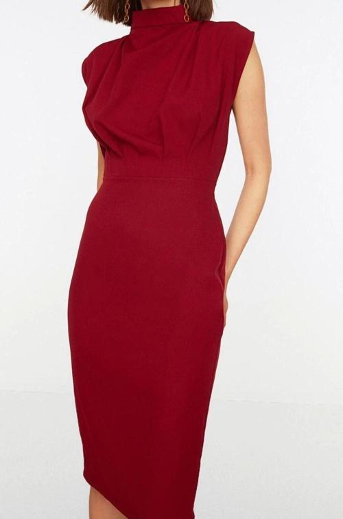 Moda Kolsuz Dik Yaka Midi Elbise Camel Vücuda Oturan Dik Yaka Midi Kalem Etek Dokuma Elbise