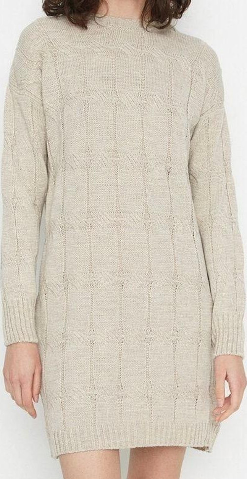Moda Oversize Casual Günlük Çift Plaka Triko Bisiklet Yaka Uzun Kol Shift Mini Boy Elbise