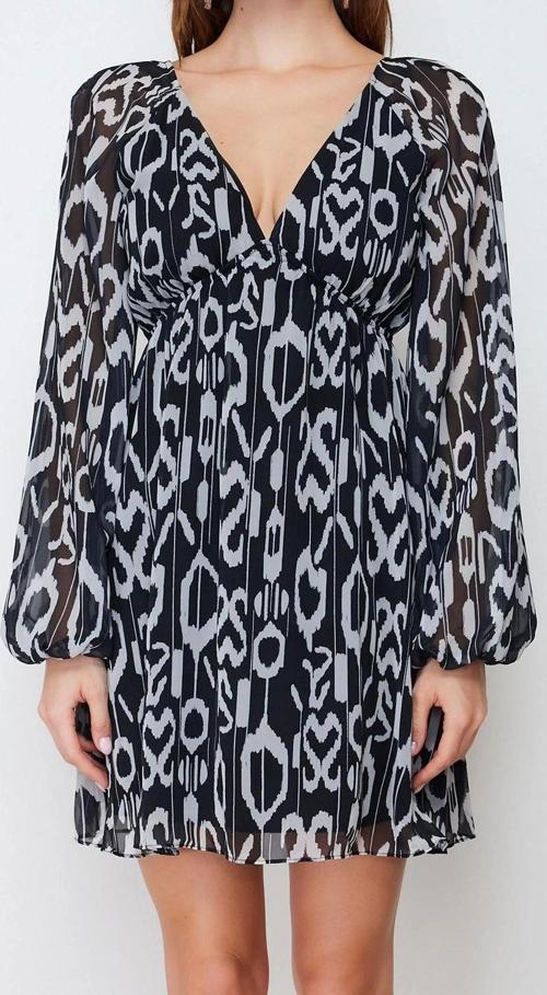 Moda Regular Gündüz Gece Şifon Dokuma V Yaka Uzun Kol A-Line Mini Boy Elbise