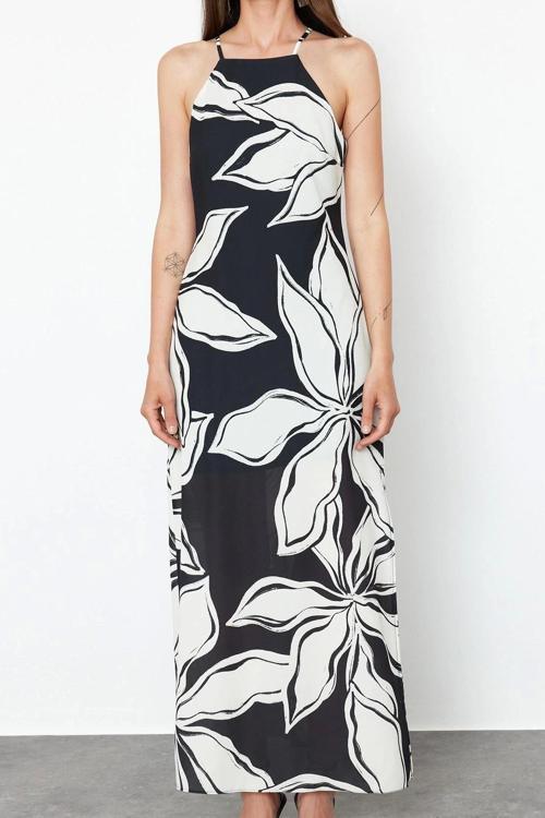 Moda Kolsuz Halter Yaka Çok Renkli Batik Desenli Düz Kesim Kolsuz Maxi Astarlı Saten Dokuma Elbise