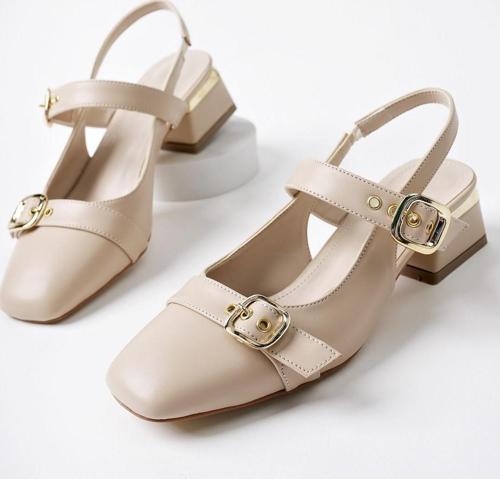 YUQİ Arkası Açık Küt Burun Çift Kemerli Kadın Günlük Klasik Kısa Topuklu Ayakkabı