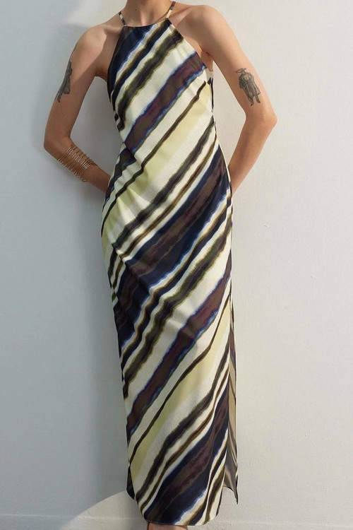 Moda Kolsuz Halter Yaka Çok Renkli Batik Desenli Düz Kesim Kolsuz Maxi Astarlı Saten Dokuma Elbise