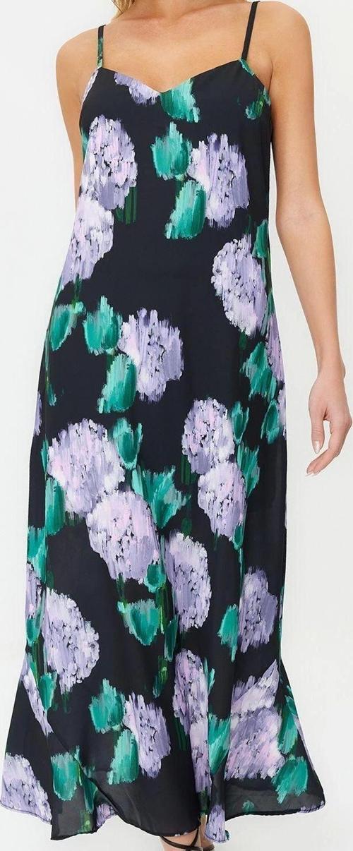 Moda Askılı V Yaka Maxi Elbise Çok Renkli Çiçek Desenli Düz Kesim Askılı Midi Saten Dokuma Elbise