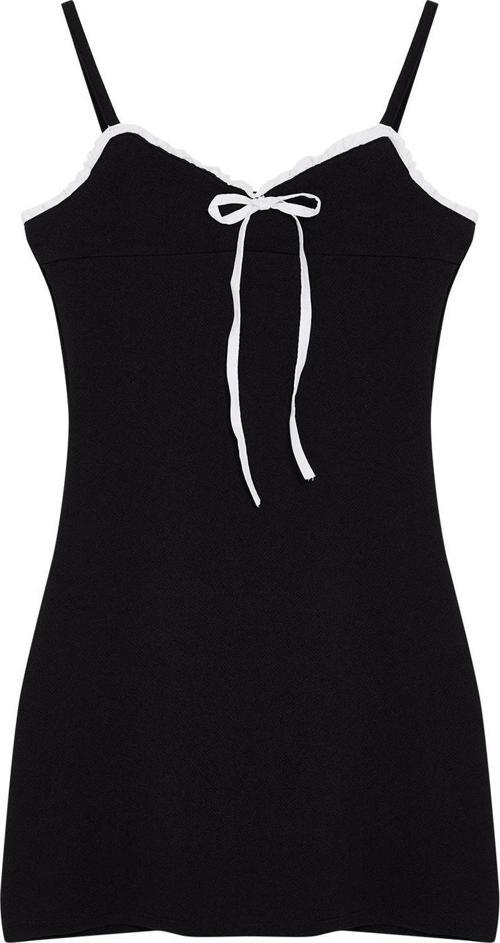 Moda Stil Slim Havuz Yaka Mini Boy Renk Bloklu Fiyonk Detaylı Bodycone Vücuda Oturan Örme Elbise