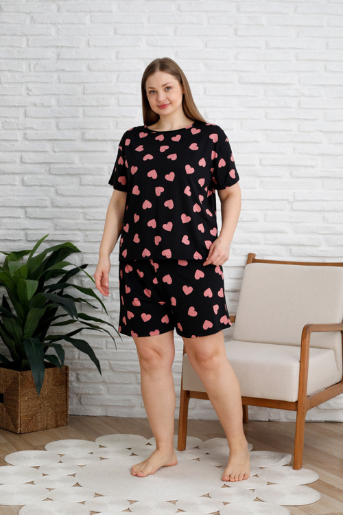 Büyük Beden Kısa Kol Şortlu Kadın Pijama Takımı