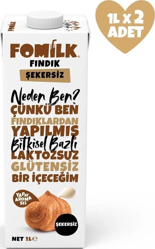 Fındık Sütü Glutensiz Bitkisel Bazlı Laktozsuz Vegan Şekersiz 1 L x 2 ADET