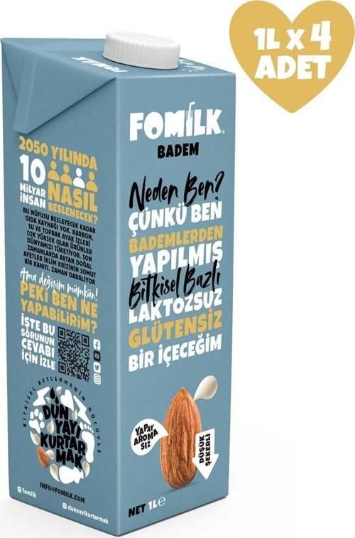 Badem Sütü Glutensiz Bitkisel Bazlı Laktozsuz Vegan 1 Lt x 4 Adet