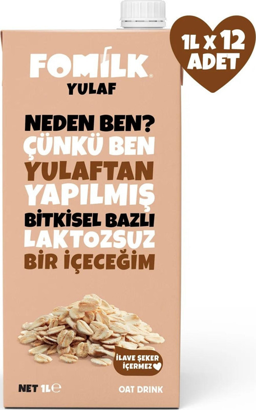 Yulaf Sütü Bitkisel Bazlı Laktozsuz Vegan1 L x 12 Adet