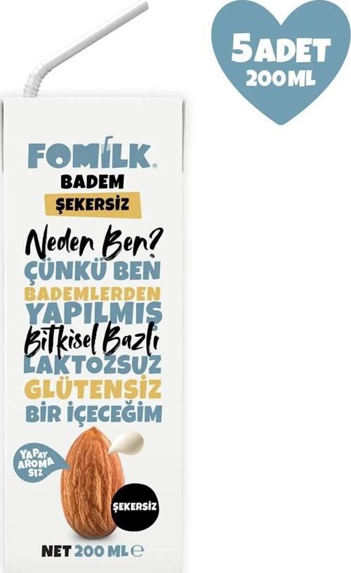 Badem Sütü Glutensiz Bitkisel Bazlı Laktozsuz Vegan Şekersiz 200 Ml x 5 Adet